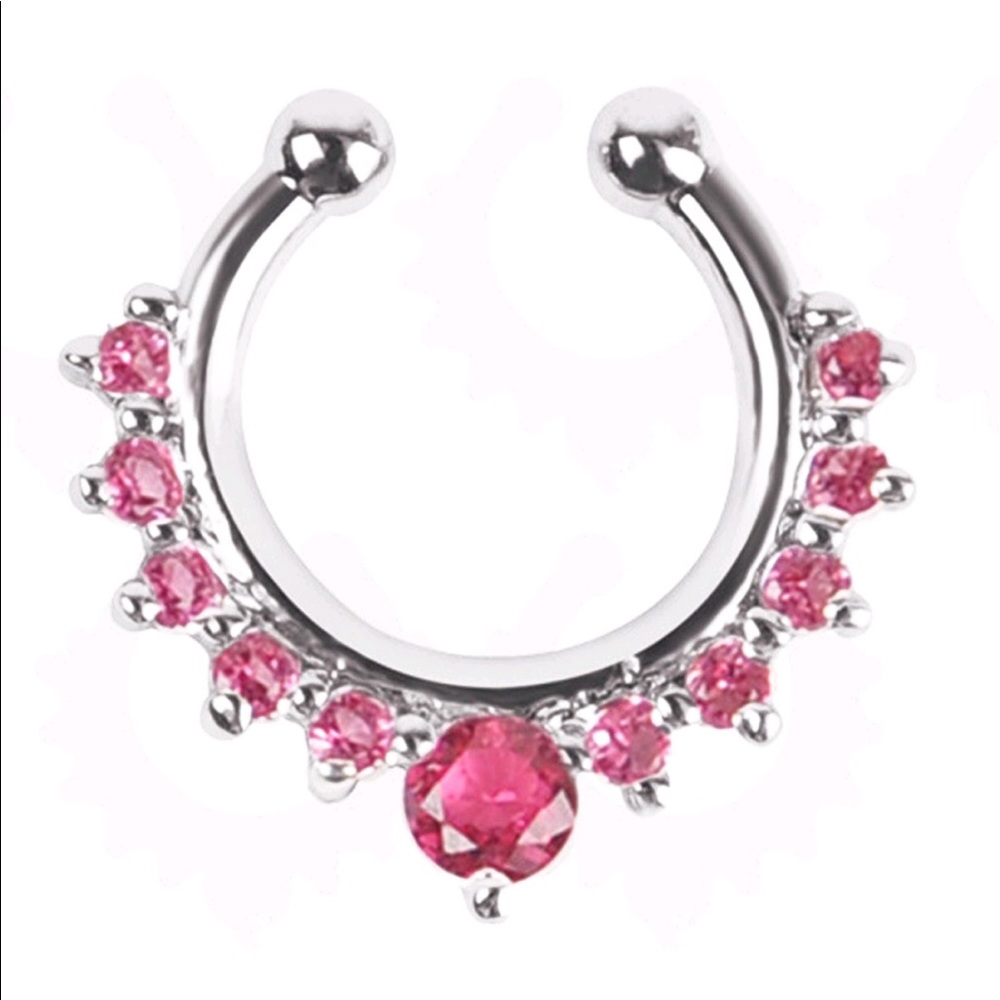 Pink crystal faux septum nose ring gold colored boho festival harness jewelry